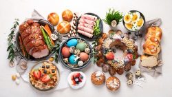 Traditional,Easter,Dinner,Or,Brunch,With,Ham,,Colored,Eggs,,Hot