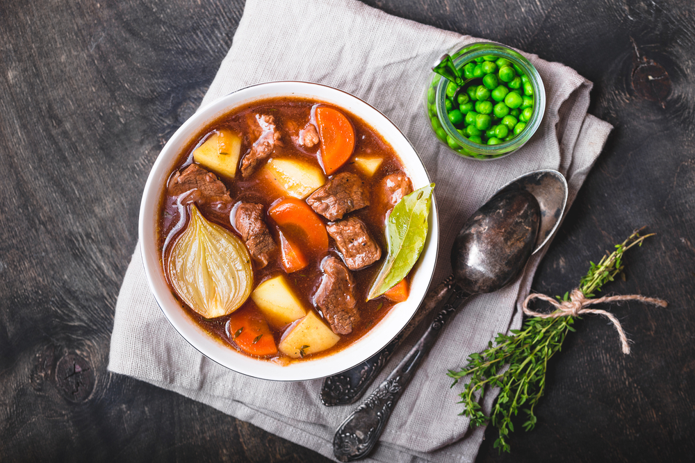 Meat,Stew,With,Beef,,Potato,,Carrot,,Onion,,Spices,,Green,Peas.