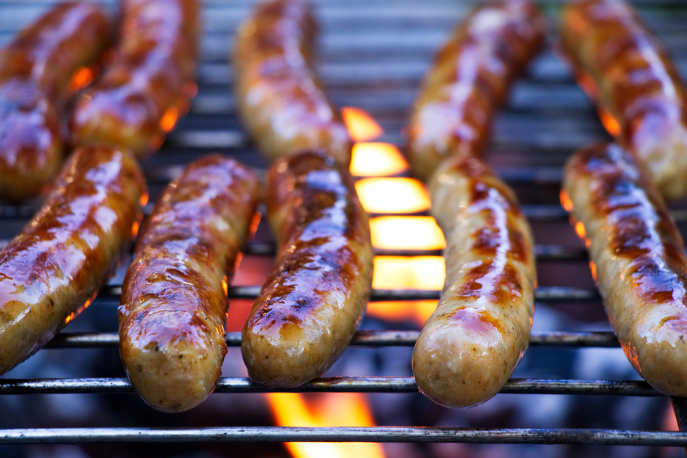 Grilling,Sausages,On,Barbecue,Grill.,Bbq,In,The,Garden.,Bavarian