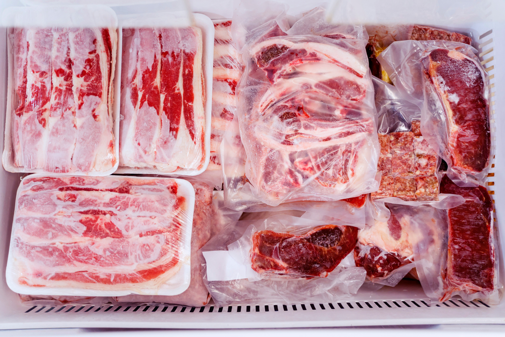 Top,Down,View,Of,Red,Meat,Package,Piles,,Plastic,Wrapped